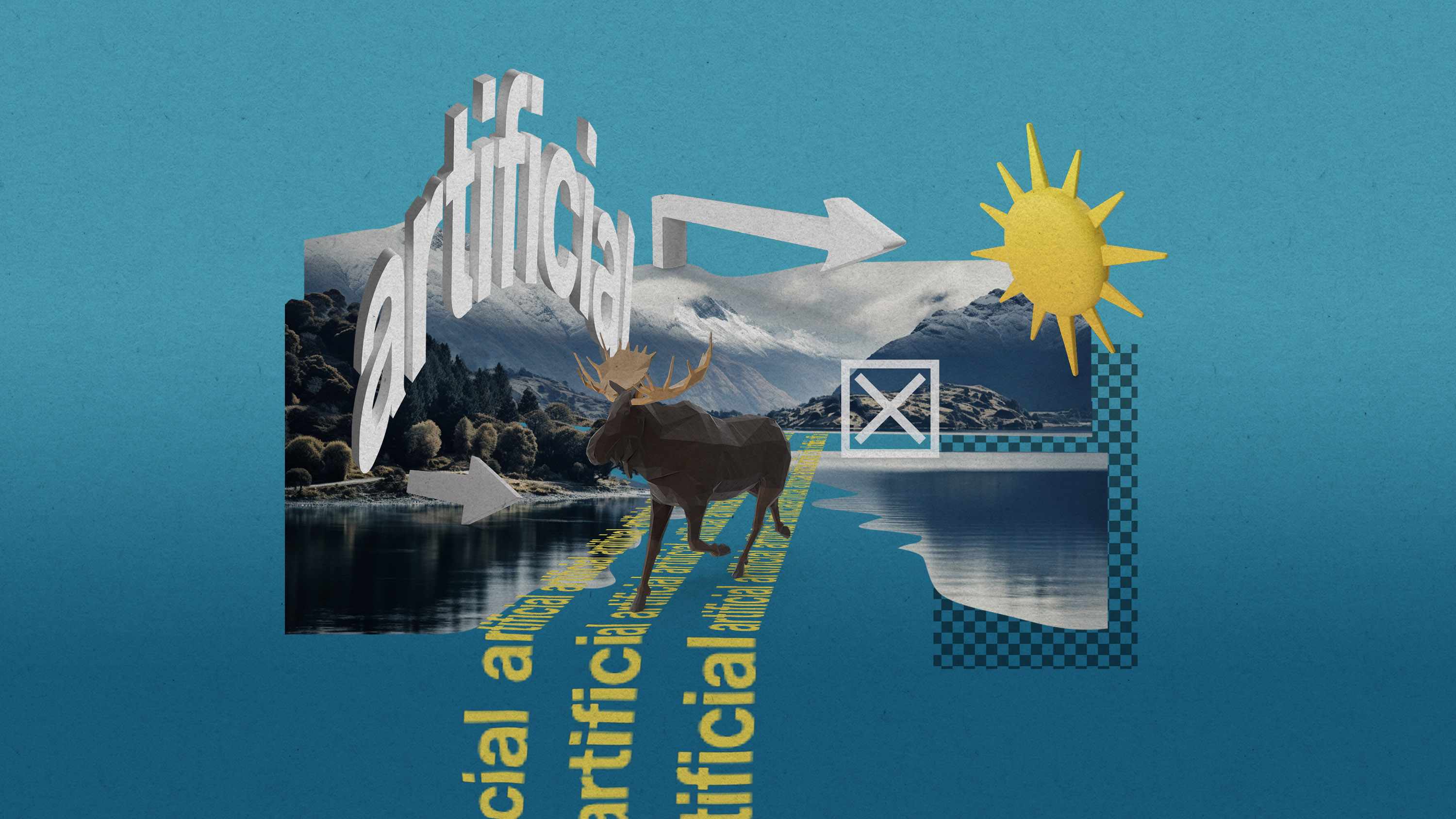 a landscape generated by artificial intelligence is broken into parts by labels of "artificial" and warning signs