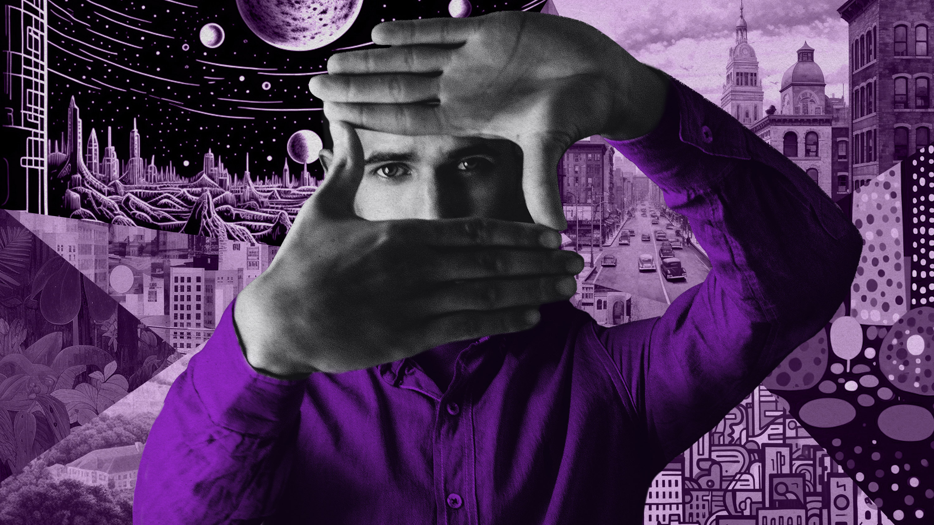 a man obscures and frames his face with his hands on a shattered background of cities in different art styles